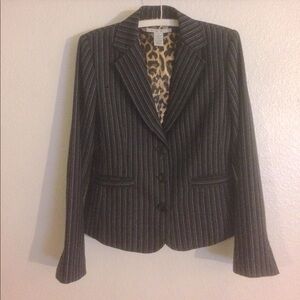 Cabi Joey Gray Pinstriped Leopard Print Lined Blazer Size 8
